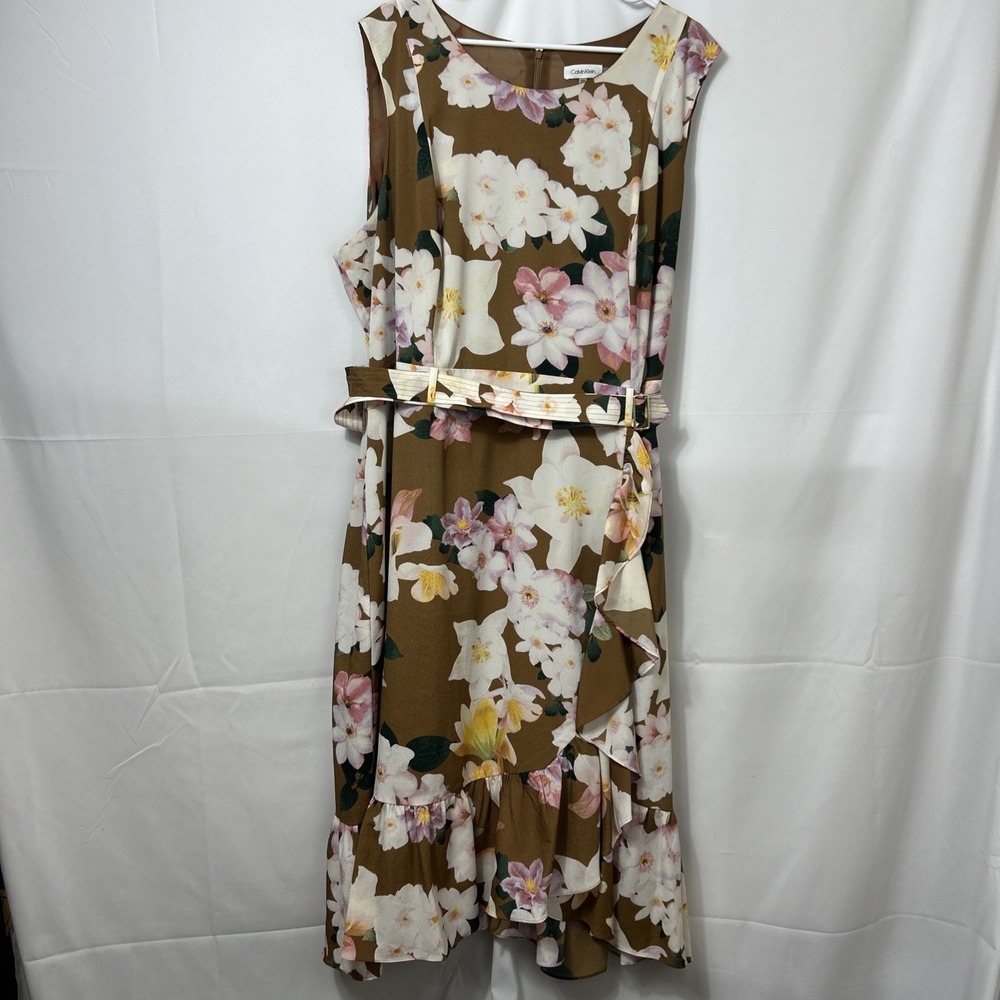 Calvin Klein Sleeveless Brown Floral Print Belted Ruffle Hem Sz 24W Cottage Core